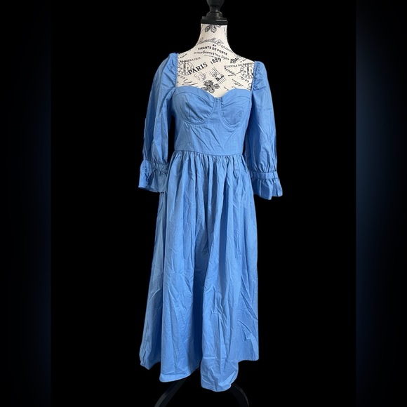 NWT Forever 21  Puff Sleeve Midi Dress Women’s M Square Neck Smocked Back Cotton - Picture 1 of 10